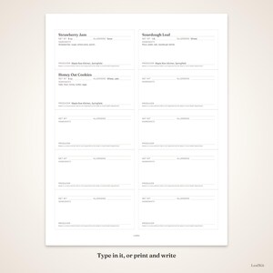May include: A white printable sheet featuring ten rectangular food label templates with black text. The labels include fields for product name, net weight, allergens, ingredients, and producer information, with some pre-filled examples.