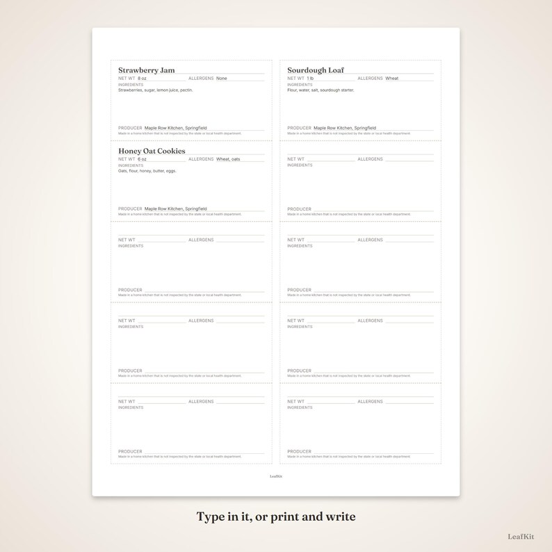 May include: A white printable sheet featuring ten rectangular food label templates with black text. The labels include fields for product name, net weight, allergens, ingredients, and producer information, with some pre-filled examples.