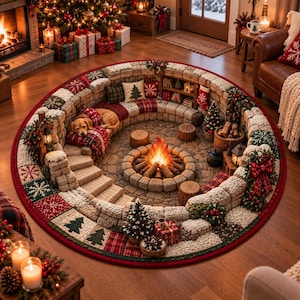 3D Illusion Christmas Dog Rug, Cozy Cabin Campfire Round Area Rug, Non Slip Floor Mat, Christmas Living Room Decor