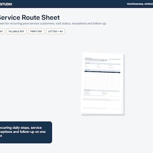 May include: A digital template for a Pool Service Route Sheet featuring a white document with blue headers and a grid for customer logs. The text includes Opsbinder Studio, Professional Operations Templates, and Pool Service Route Sheet.