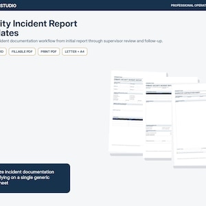 Può includere: Modelli di rapporto sugli incidenti di sicurezza di Opsbinder Studio con formati Word modificabili, PDF compilabili e PDF stampabili in dimensioni Letter e A4. Il set include un rapporto principale sull'incidente e un foglio di continuazione.