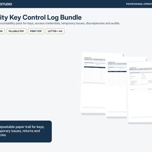 Op de afbeelding: Een Security Key Control Log Bundle met vijf formulieren voor sleutels, toegangsgegevens en audits. De digitale sjablonen bevatten bewerkbare Word-bestanden, invulbare PDF's en printbare PDF's in Letter- en A4-formaat voor sleutelbeheer.