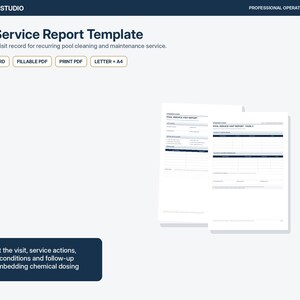 May include: A Pool Service Report Template by Opsbinder Studio featuring two pages of operational visit records. The document includes fields for service actions, observed conditions, and follow-up. Available as editable Word, fillable PDF, and print PDF in Letter and A4 sizes.