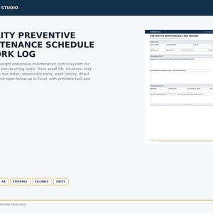 Può includere: Un modello digitale di programma di manutenzione preventiva e registro di lavoro. Il documento presenta sezioni per i dettagli delle risorse, le attività di manutenzione e le attività di follow-up. È modificabile, compilabile e in formato A4.