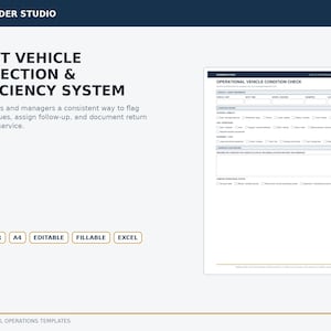 May include: A digital template for a fleet vehicle inspection and deficiency system by Opsbinder Studio. The document includes fields for vehicle information, condition checks, equipment status, and deficiency notes. It is available in US Letter, A4, editable, fillable, and Excel formats.