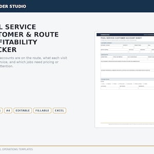 Puede incluir: Una plantilla digital titulada Pool Service Customer & Route Profitability Tracker de Opsbinder Studio. El documento incluye campos para información del cliente, detalles de servicio, equipo y estado de cuenta, disponible en A4 y Excel.
