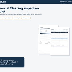 May include: A digital commercial cleaning inspection checklist template by Opsbinder Studio. The document includes sections for quality control, janitorial service teams, and supervisor review, available in editable Word, fillable PDF, and print PDF formats.