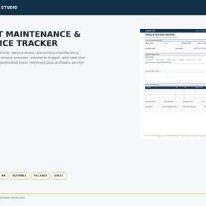 Pode incluir: Um modelo digital de rastreamento de manutenção e serviço de frota com o texto OPSBINDER STUDIO, FLEET MAINTENANCE & SERVICE TRACKER, e um formulário de registro de serviço de veículo com campos para detalhes e custos.