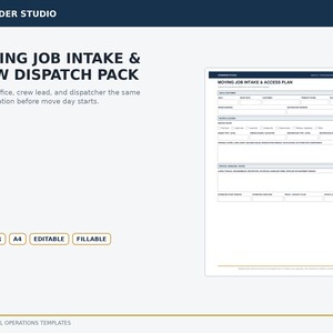 May include: A digital moving job intake and crew dispatch pack template featuring a white document with blue headers. The form includes fields for job details, customer information, origin and destination addresses, and specific moving logistics.