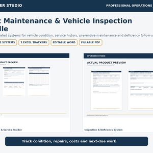May include: A Fleet Maintenance & Vehicle Inspection Bundle by Opsbinder Studio featuring two complete systems, two Excel trackers, editable Word documents, and fillable PDFs. The digital templates include maintenance, service, and inspection forms.