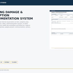 Op de afbeelding: Een wit digitaal documentsjabloon getiteld Moving Damage & Exception Documentation System van Opsbinder Studio. Het formulier bevat velden voor datum, tijd, klant en gedetailleerde secties voor uitzonderingsbeschrijvingen, acties en handtekeningen.