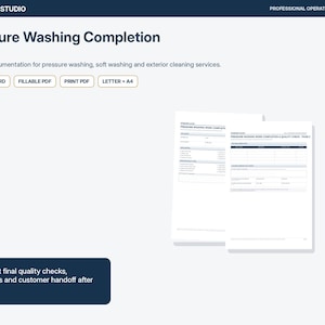 Może przedstawiać: Cyfrowy szablon zatytułowany Pressure Washing Completion Form od Opsbinder Studio. Dokument zawiera sekcje dotyczące dokumentacji po wykonaniu usługi, kontroli jakości i przekazania klientowi, dostępne w formatach Word, PDF i do druku.