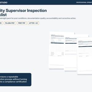May include: A Security Supervisor Inspection Checklist template pack from Opsbinder Studio. The digital document set includes three forms for site oversight, available in editable Word, fillable PDF, and print PDF formats for Letter and A4 paper sizes.