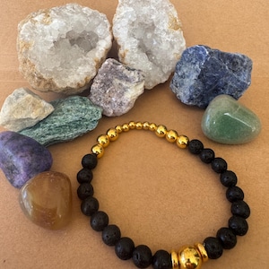 Lava Rock Aromatherapy Bracelet: Gold-Toned Accents, Essential Oil Diffuser.