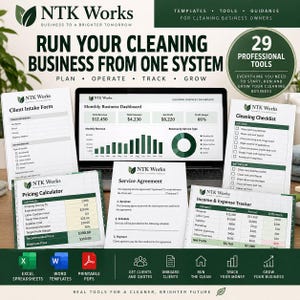 May include: A digital cleaning business management system by NTK Works featuring a laptop displaying a dashboard, surrounded by printed documents including a client intake form, pricing calculator, service agreement, checklist, and income tracker.