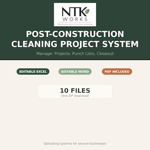 Op de afbeelding: Een digitale documentenset getiteld NTK WORKS Post-Construction Cleaning Project System voor het beheren van projecten, opleverpunten en afronding. Bevat bewerkbare Excel- en Word-bestanden, een PDF en 10 bestanden in één ZIP-download.