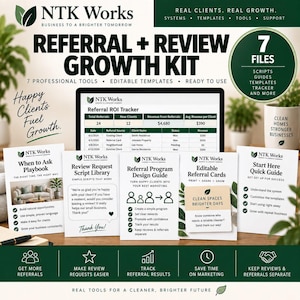 Peut inclure: Un kit de croissance Referral + Review par NTK Works comprenant un suivi de retour sur investissement numérique sur un écran d'ordinateur, entouré de cinq guides et modèles imprimés, dont un manuel de demande et des cartes de parrainage.