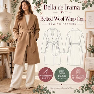 Op de afbeelding: Een naaipatroon voor een Bella de Trama wollen wikkeljas met ceintuur. De afbeelding toont een beige jas met een strikceintuur, een technische lijntekening van de voor- en achterkant, en iconen die een gemiddeld niveau en maten XS-3XL aangeven.