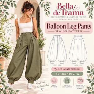 May include: A sewing pattern for balloon leg pants by Bella de Trama. The image displays a person wearing olive green high-waisted pants with a wide, tapered leg and cuffed ankles, alongside a technical line drawing showing front and back views.
