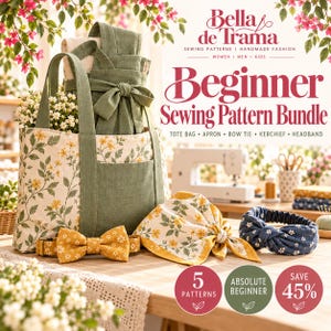 Può includere: Un set di cartamodelli per principianti Bella de Trama che include borsa, grembiule, papillon, fazzoletto e fascia per capelli. Gli articoli sono in tessuti verde oliva e floreali, con testo che indica 5 modelli e un risparmio del 45%.