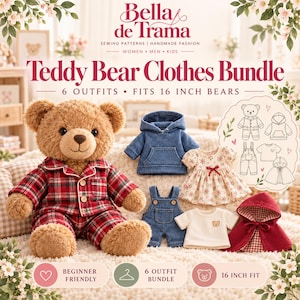 May include: A teddy bear wearing red and black plaid pyjamas, accompanied by a bundle of five additional outfits including a blue denim hoodie, a floral dress, denim overalls, a white t-shirt, and a red hooded cape, all for 16 inch bears.