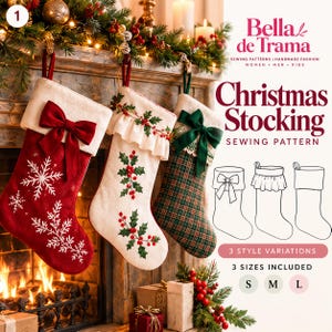 Peut inclure: Un patron de couture pour trois styles de chaussettes de Noël par Bella de Trama. L'image montre trois chaussettes finies : une rouge avec des flocons blancs et un nœud, une blanche avec des broderies de houx et des volants, et une verte à carreaux avec un nœud vert foncé.
