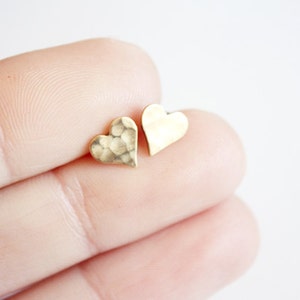 tiny heart stud earrings minimalist dainty raw brass jewelry gift for her, stocking stuffer image 3