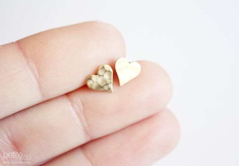 tiny heart stud earrings minimalist dainty raw brass jewelry gift for her, stocking stuffer image 3