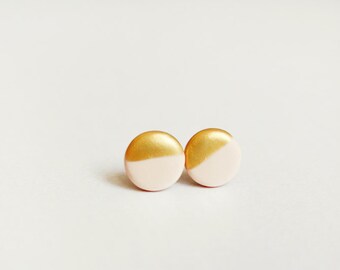 gold dipped nude peach discs - geometric studs / gift for her