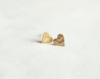 tiny heart stud earrings - minimalist dainty  raw brass jewelry - gift for her, stocking stuffer