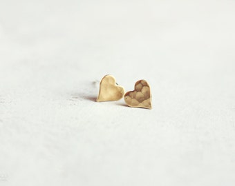 tiny heart stud earrings - minimalist dainty  raw brass jewelry - gift for her, stocking stuffer