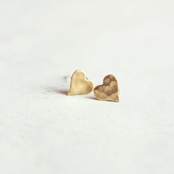 tiny heart stud earrings - minimalist dainty  raw brass jewelry - gift for her, stocking stuffer