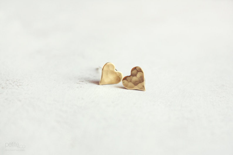 tiny heart stud earrings minimalist dainty raw brass jewelry gift for her, stocking stuffer image 1