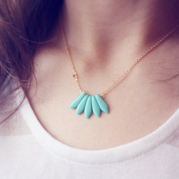turquoise fan necklace - delicate tribal jewelry / gift for her under 20usd