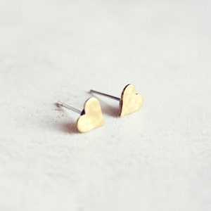 tiny heart stud earrings minimalist dainty raw brass jewelry gift for her, stocking stuffer image 5