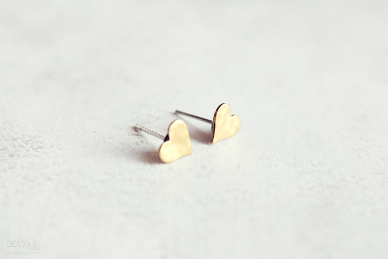 tiny heart stud earrings minimalist dainty raw brass jewelry gift for her, stocking stuffer image 5