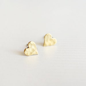 tiny heart stud earrings minimalist dainty raw brass jewelry gift for her, stocking stuffer image 4