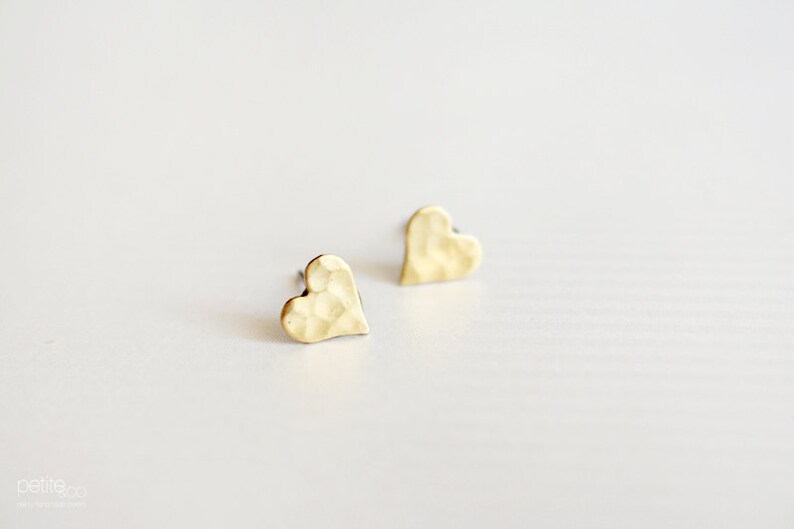 tiny heart stud earrings minimalist dainty raw brass jewelry gift for her, stocking stuffer image 4