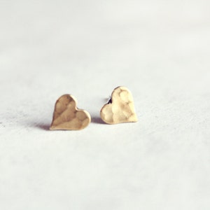 tiny heart stud earrings minimalist dainty raw brass jewelry gift for her, stocking stuffer image 2