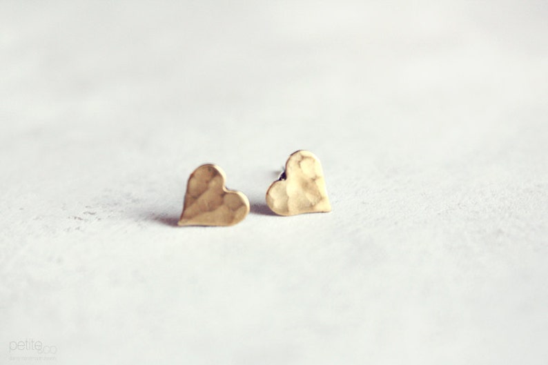 tiny heart stud earrings minimalist dainty raw brass jewelry gift for her, stocking stuffer image 2