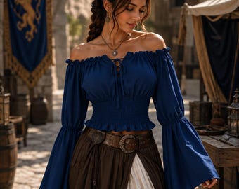 Women’s Gothic Renaissance Blouse, Off Shoulder Medieval Peasant Top, Romantic Ruffled Sleeve Shirt, Pirate Cosplay, Ren Faire Costume
