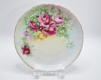 Antique Rosenthal Bavaria Hand-Painted Rose Plate, Gilt Scalloped Edge, Signed L. Bock (1900)