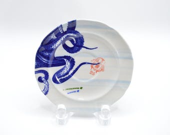 Vintage Anthropologie From the Deep Octopus Saucer | Blue and White Nautical Stoneware Replacement Teacup Saucer