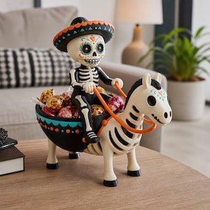 May include: A decorative bowl shaped like a skeleton riding a skeletal horse. The skeleton wears a black sombrero with orange and blue accents. The bowl is black with a colorful rim and contains several round candies wrapped in gold and pink foil.