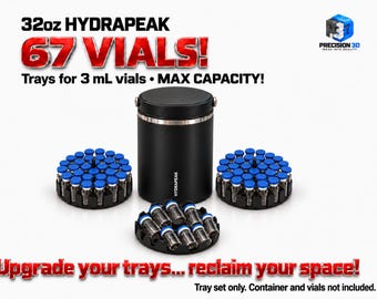 May include: A black 32oz Hydrapeak container with three black circular trays holding 67 vials with blue caps. Text reads: 32oz HYDRAPEAK 67 VIALS! Trays for 3 mL vials • MAX CAPACITY! Upgrade your trays... reclaim your space! Tray set only.