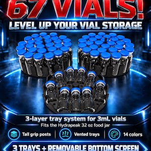 May include: A 3-layer black tray system for 3mL vials, designed to fit a 32 oz food jar. The set includes tall grip posts, vented trays, and a removable bottom screen. The text reads 67 VIALS! LEVEL UP YOUR VIAL STORAGE and 3-layer tray system for 3mL vials.