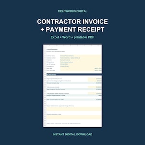 May include: A digital template for a contractor invoice and payment receipt, featuring a dark blue background with white text. The document includes fields for business details, billing information, and financial totals in a spreadsheet format.
