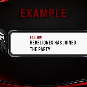 Puede incluir: Una superposición gráfica digital con un banner rectangular blanco con borde negro. El texto dice FOLLOW REBELJONES HAS JOINED THE PARTY! Una pequeña ilustración de una figura encapuchada con una máscara blanca está a la izquierda.