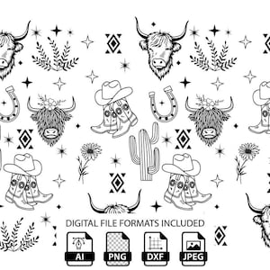 Puede incluir: Un patrón gráfico digital en blanco y negro con ilustraciones de cabezas de vaca Highland, botas de vaquero, herraduras, cactus, flores y formas de diamante geométricas, con el texto en la parte inferior DIGITAL FILE FORMATS INCLUDED AI PNG DXF JPEG.