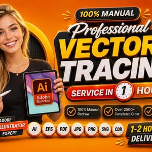 May include: A professional vector tracing service advertisement featuring the text 100% MANUAL, Professional VECTOR TRACING, SERVICE IN 1 HOUR, 100% Manual Redraw, Over 2500+ Completed Order, High Quality & Pixel Perfect, and 1-2 HOURS DELIVERY.